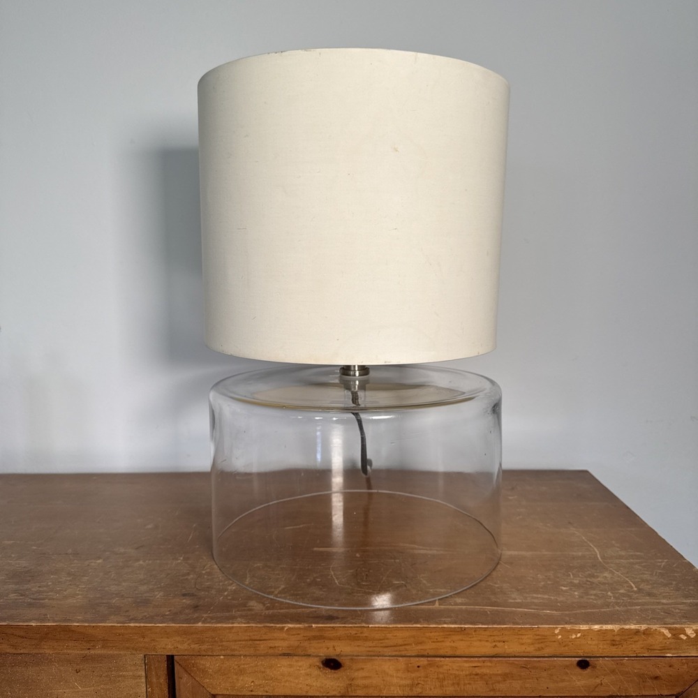 CB2 Clear Glass Dome Table Lamp Modern Minimalist w White Drum Shade